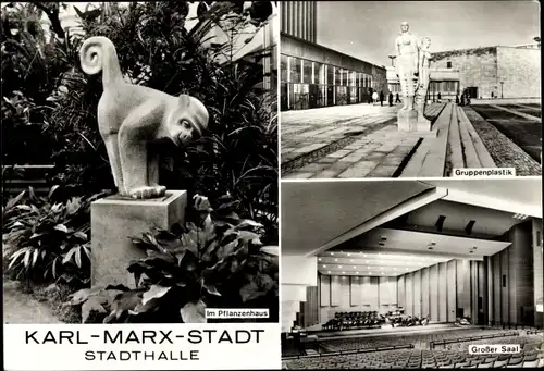 Ak Karl Marx Stadt Chemnitz in Sachsen, Stadthalle, Im Pflanzenhaus, Gruppenplastik, Großer Saal