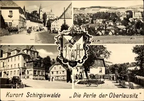 Ak Schirgiswalde in der Lausitz, Wappen, Ortsansicht, Straßenpartie