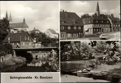 Ak Schirgiswalde in der Oberlausitz, Spreebrücke, Umgebindehaus am Untermarkt, Gondelteich