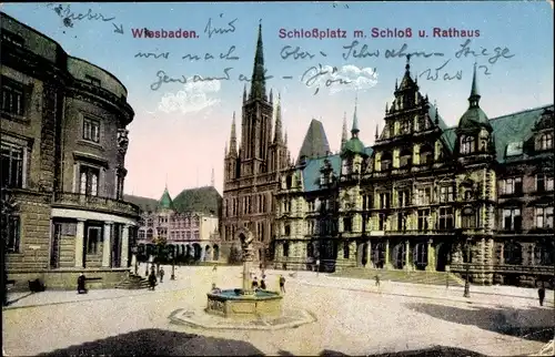 Ak Wiesbaden, Schlossplatz mit Schloss und Rathaus