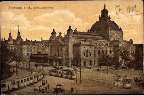 Ak Frankfurt am Main, Schauspielhaus, Straßenbahnen