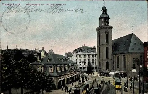 Ak Frankfurt am Main, Hauptwache und Katharinenkirche, Straßenbahnen