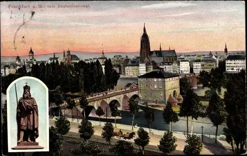 Ak Frankfurt am Main, Teilansicht vom Deutschherrnkai, Statue, Brücke