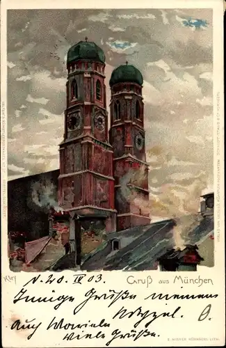 Künstler Litho Kley, Heinrich, München Bayern, Blick auf die Frauenkirche