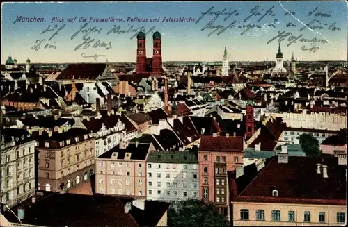 Ak München, Frauentürme, Rathaus und Peterskirche