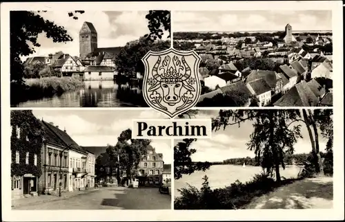 Wappen Ak Parchim in Mecklenburg Vorpommern, Kirchturm, Marktplatz
