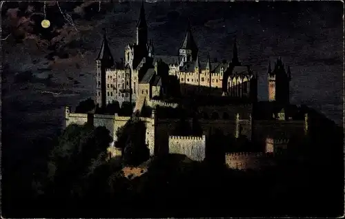 Ak Zimmern Bisingen im Zollernalbkreis, Burg Hohenzollern, bei Nacht, Mondschein