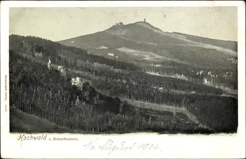 Ak Oybin in der Oberlausitz, Zittauer Gebirge, Hochwald v. Scharfenstein aus, Hvozd