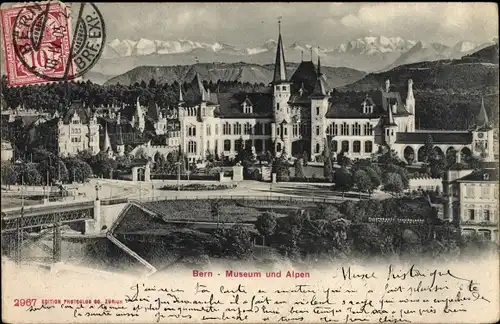 Ak Bern Stadt Schweiz, Blick auf das Museum und die Alpen, Brücke