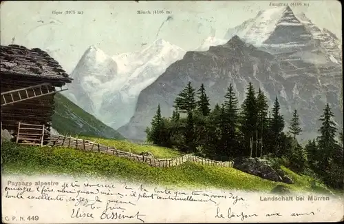 Ak Mürren Kanton Bern Schweiz, Holzhütte, Wald, Eiger, Jungfrau, Mönch