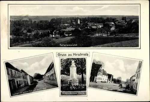 Ak Hirschroda Naumburg an der Saale, Totalansicht, Dorfstraße, Kriegerdenkmal, Gasthof