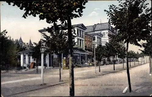 Ak Ostseebad Zinnowitz auf Usedom, Strand- und Schwab's Hotel