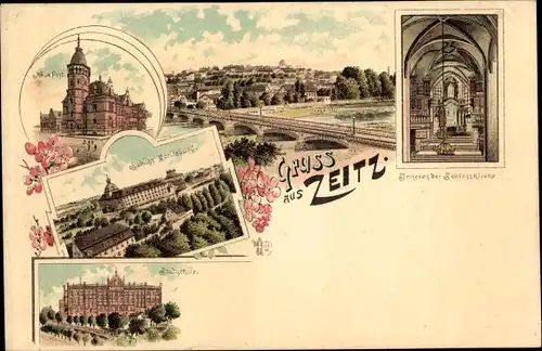 Litho Zeitz im Burgenlandkreis, Neue Post, Schlosskirche, Schloss Moritzburg, Stadtschule