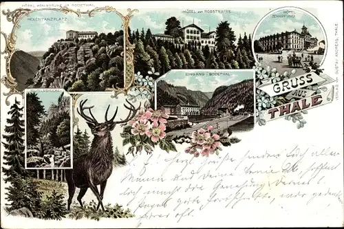 Litho Thale im Harz, Hexentanzplatz, Hotel zur Rosstrappe, Hotel Zehnpfund, Bodetal, Teufelsbrücke