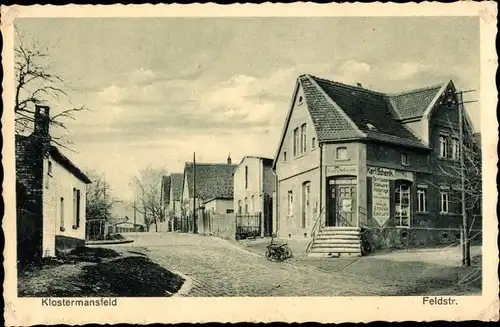 Ak Klostermansfeld in Sachsen Anhalt, Feldstraße, Geschäft Karl Schenk