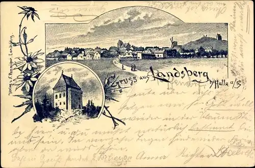 Litho Landsberg im Saalekreis, Stadtpanorama, Turm, Windmühle