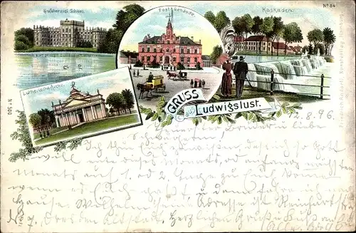 Litho Ludwigslust in Mecklenburg, Großherzogl. Schloss, Luth. Kirche, Postgebäude, Kaskaden