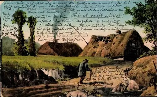 Ak Polen, Widoki z Krolestwa Polskiego, Dorfpartie, Wohnhäuser mit Strohdächern