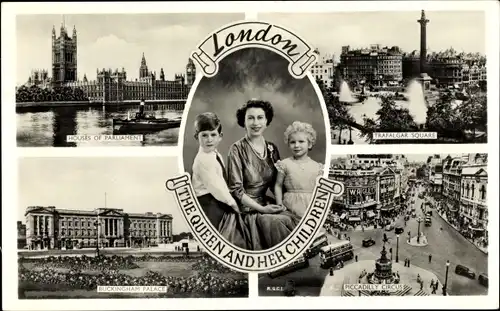 Ak London, Queen Elizabeth II mit Kindern, Parliament, Buckingham Palace, Piccadilly Circus