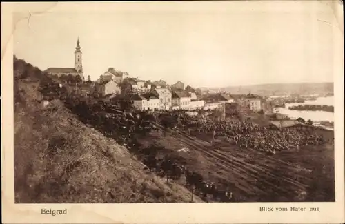 Ak Belgrad Beograd Serbien, Blick vom Hafen aus, Kirche, Soldaten