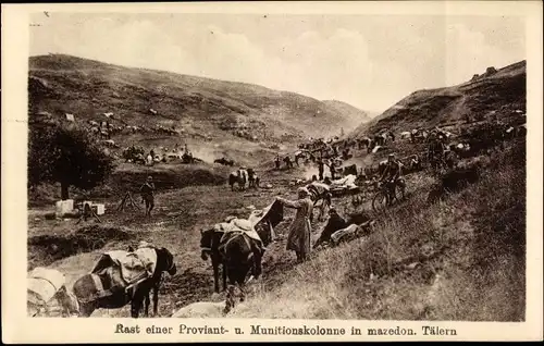 Ak Mazedonien, Rast einer Proviant- und Munitionskolonne in Tälern