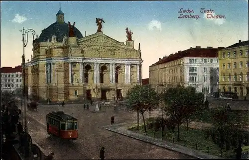 Ak Lwiw Lwów Lemberg Ukraine, Theater, Straßenbahn