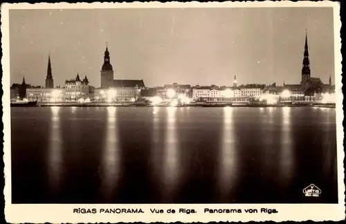 Ak Riga Lettland, Panorama bei Nacht