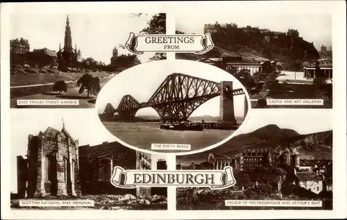 Ak Edinburgh Schottland, East Princess Street Gardens, Forth Bridge, Scottish National War Museum