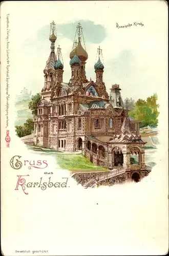 Litho Karlovy Vary Karlsbad Stadt, Russische Kirche