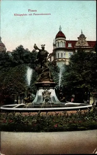 Ak Poznań Posen, Partie am Königsplatz mit Perseusbrunnen