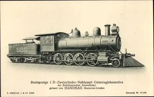 Ak Brasilianische Eisenbahn, Dampflokomotive, 1D Zweizylinder Nassdampf Güterzuglok, Hanomag, Nr 566