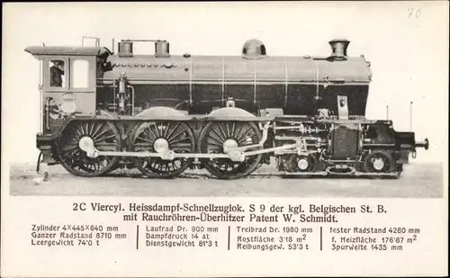 Ak Belgische Eisenbahn, Heißdampf Schnellzuglok S 9, Dampflok