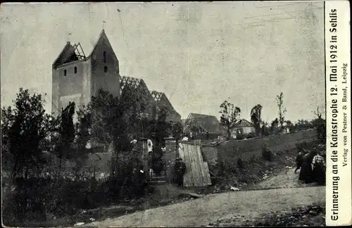 Ak Sehlis Taucha in Nordsachsen, Tornado vom 12. Mai 1912, Abgetragene Dächer, Kirche