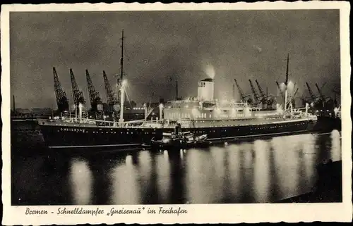 Ak Bremen, Dampfschiff Gneisenau, Norddeutscher Lloyd Bremen, Nachtansicht, Beleuchtung