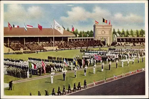 Sammelbild Olympia 1936, Olympische Spiele 1920 Antwerpen, Aufmarsch der Nationen, Stadion