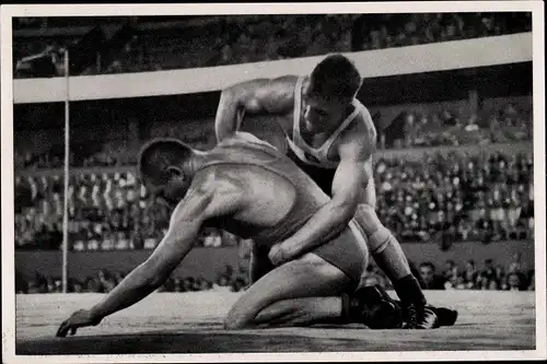 Sammelbild Olympia 1936, Ringer Schäfer und Fischer