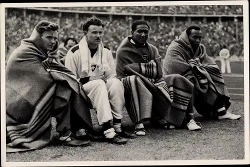 Sammelbild Olympia 1936, Sprinter Frank Wykoff, Paul Hänni, Ralph Metcalfe, Jesse Owens