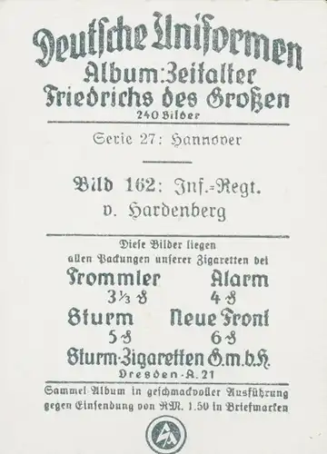 Sammelbild Deutsche Uniformen,Zeitalter Friedrichs des Großen,Serie 27 Bild 162 Inf. Rgt. Hardenberg