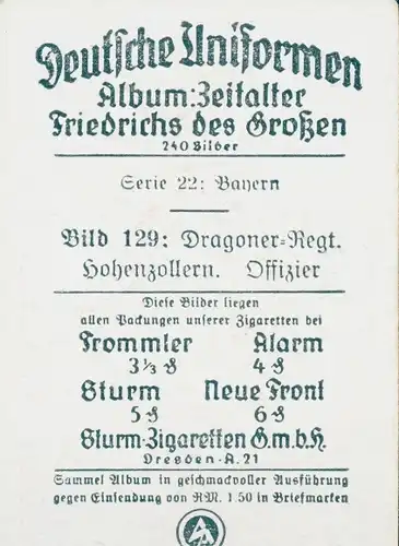 Sammelbild Deutsche Uniformen, Zeitalter Friedrichs des Großen, Serie 22 Bild 129 Dragoner Rgt.