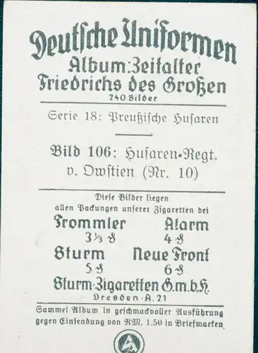 Sammelbild Deutsche Uniformen, Zeitalter Friedrichs des Großen, Serie 18 Bild 106 Husaren Regt