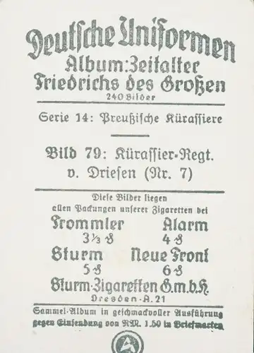 Sammelbild Deutsche Uniformen, Zeitalter Friedrichs des Großen,Serie 14 Bild 79 Kürassier v. Driesen