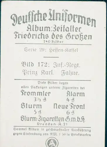 Sammelbild Deutsche Uniformen,Zeitalter Friedrichs des Großen,Serie 29 Bild 172 Inf. Rgt. Prinz Karl