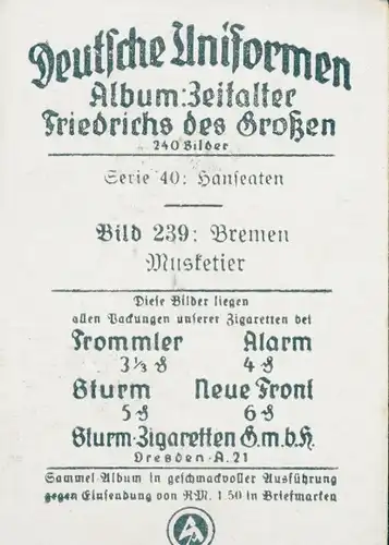 Sammelbild Deutsche Uniformen, Zeitalter Friedrichs des Großen, Serie 40 Hanseaten Bild 239 Bremen