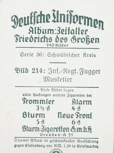 Sammelbild Deutsche Uniformen, Zeitalter Friedrichs des Großen, Serie 36 Bild 214 Inf. Rgt. Fugger