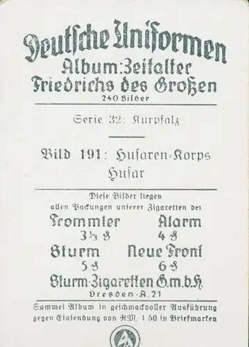 Sammelbild Deutsche Uniformen, Zeitalter Friedrichs des Großen, Serie 32 Bild 191 Husaren Korps