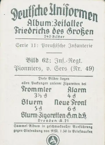 Sammelbild Deutsche Uniformen, Zeitalter Friedrichs des Großen, Serie 11 Bild 62 Inf. Rgt. Pionniers