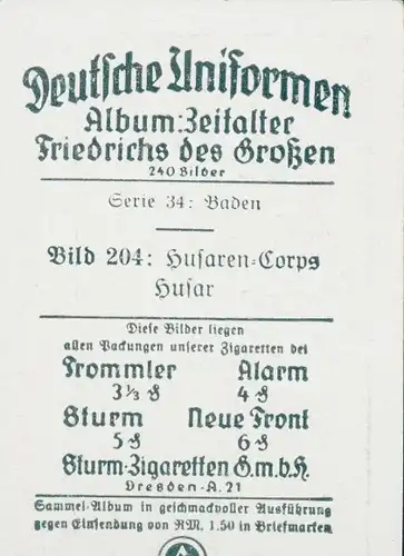 Sammelbild Deutsche Uniformen, Zeitalter Friedrichs des Großen, Serie 34 Bild 204 Husaren Corps