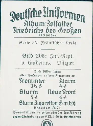 Sammelbild Deutsche Uniformen, Zeitalter Friedrichs des Großen, Serie 35 Bild 205 Inf. Rgt. Gudenus