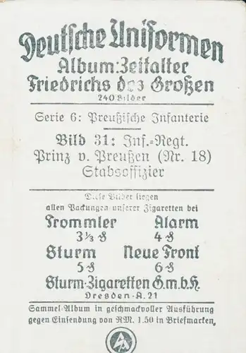 Sammelbild Deutsche Uniformen, Zeitalter Friedrichs des Großen, Serie 6 Bild 31 Inf. Rgt. Preußen