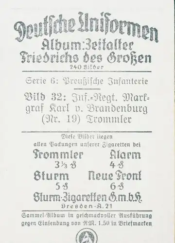 Sammelbild Deutsche Uniformen, Zeitalter Friedrichs des Großen, Serie 6 Bild 32 Inf. Rgt. Markgraf